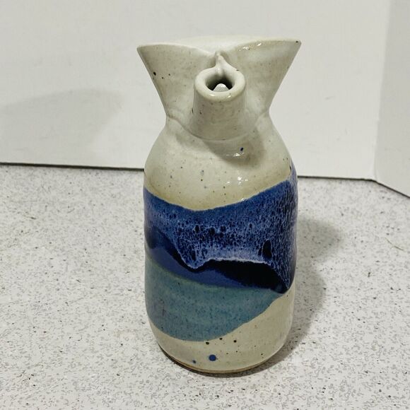 Vintage OOAK handcrafted signed stoneware sake bottle studio pottery gray blue - Picture 5 of 8